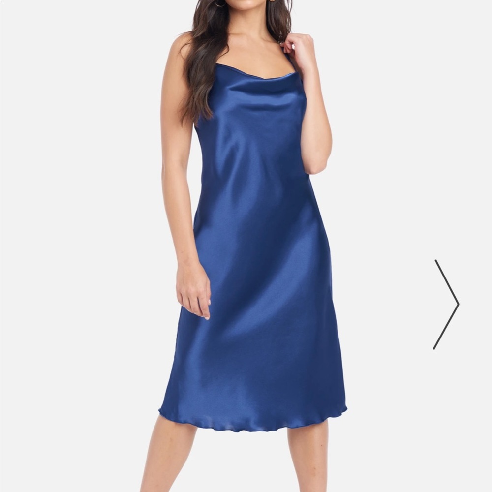 BEBE SATIN COWL NECK SLIP MIDI DRESS